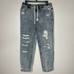 Easel Floral Embroidered Distressed Pull On Straight Leg Jeans Drawstring Sz Med